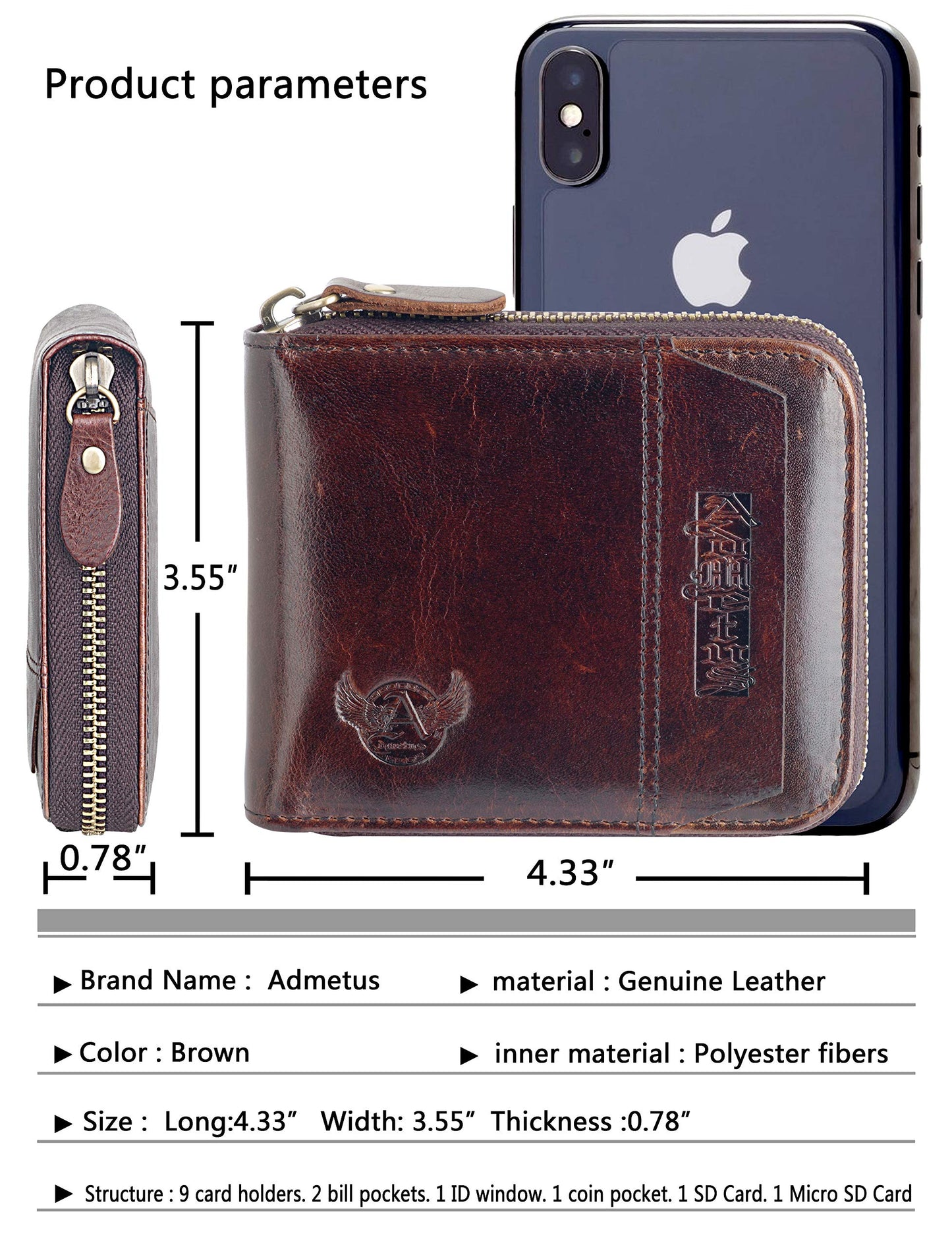 Admetus Men's Genuine Leather Short Zip-around Bifold Wallet (brown)