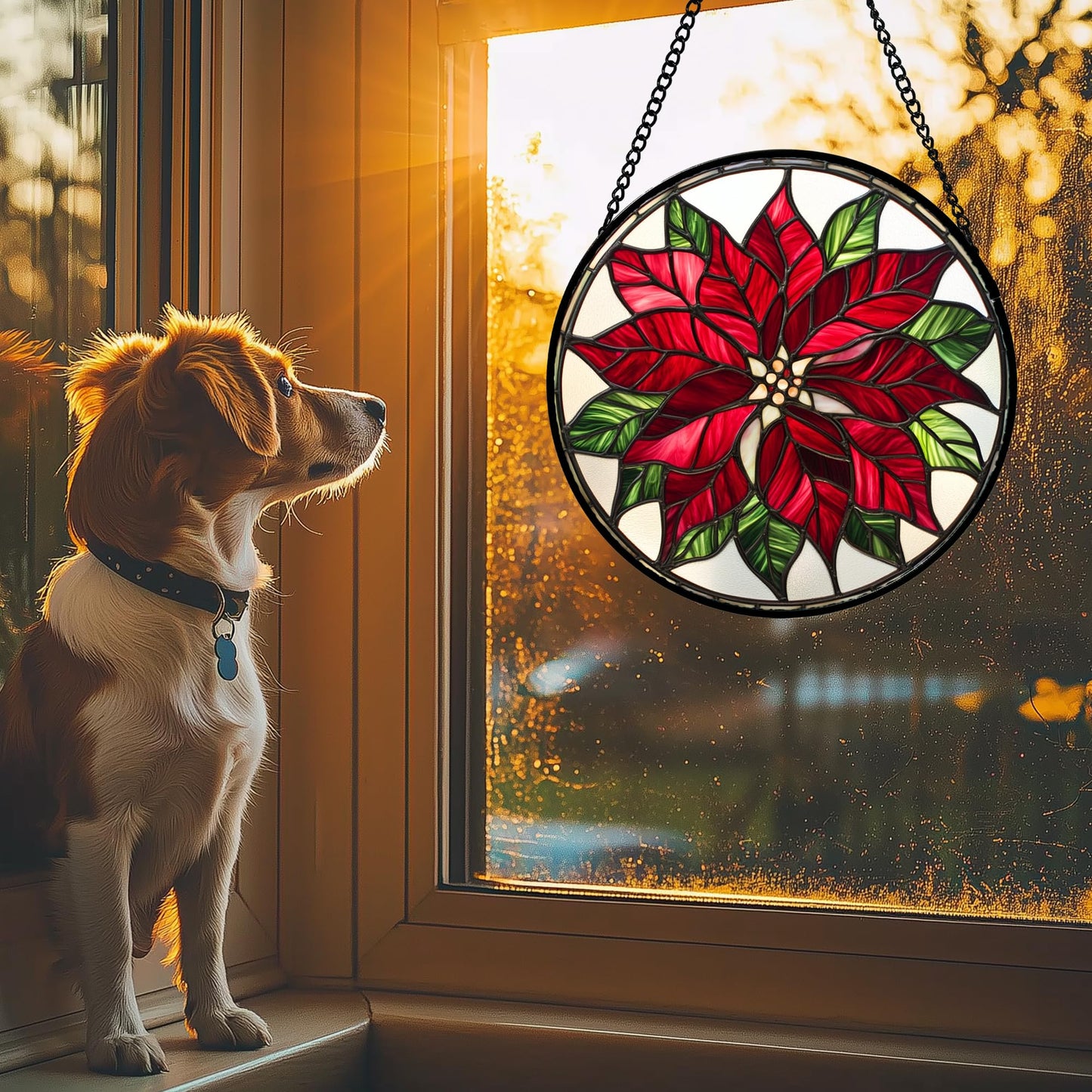 CRISGIF Stained Glass Window Hanging - Red Poinsettia Birth Flower Suncatcher for Door Garden Yard Sun Catchers Decor Christmas Mother's Day Birthday Gifts for Women Mom Nana Friend Men 11.8 in