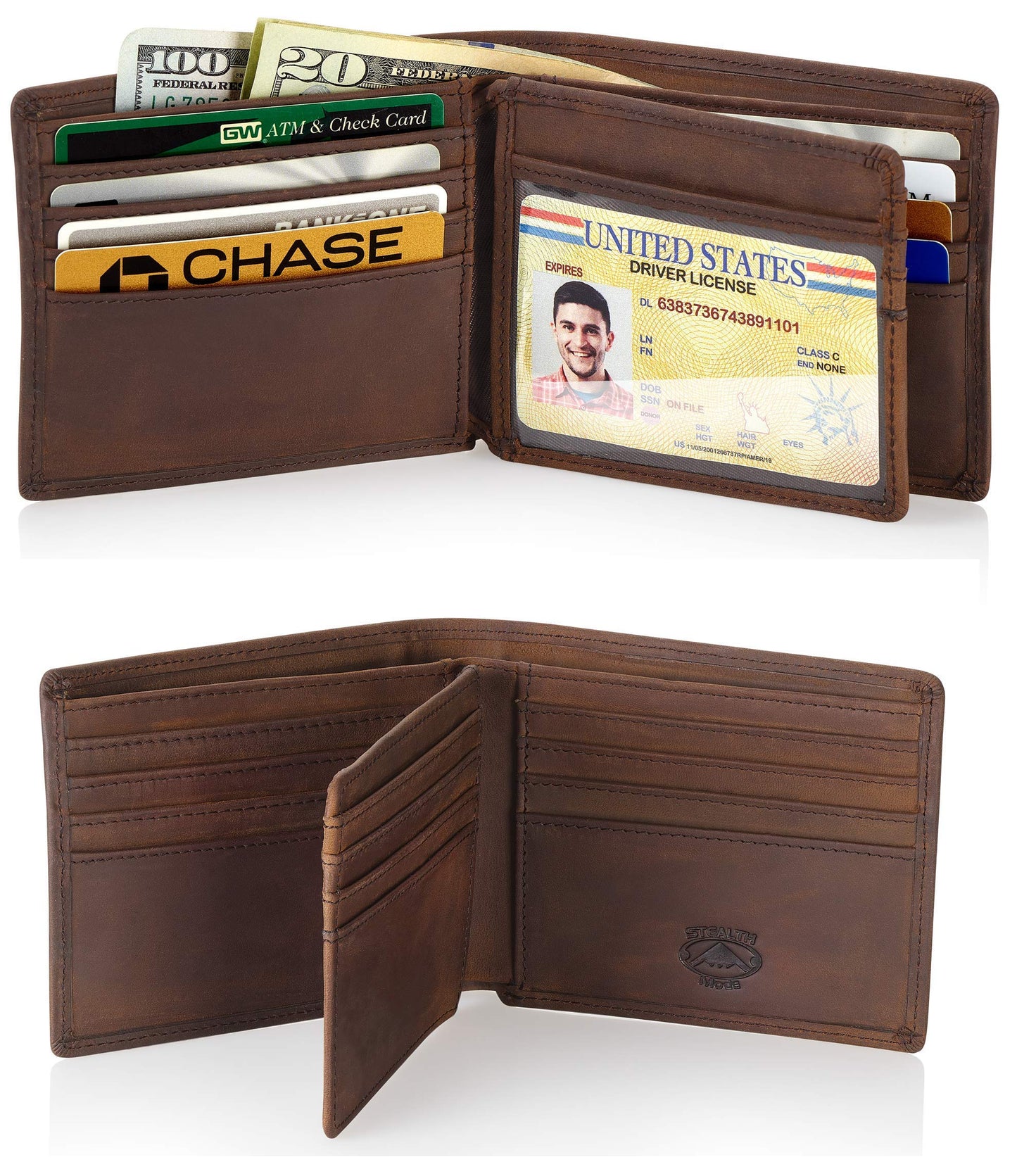 Stealth Mode Leather Bifold Wallet for Men With ID Window and RFID Blocking