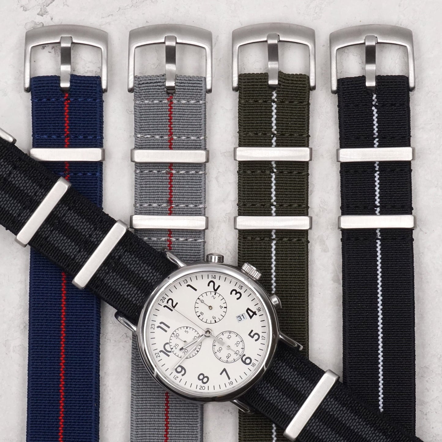 Benchmark Basics Elastic Watch Band - Parachute Nylon One-Piece Military Style Watch Straps for Men & Women - Choice of Color & Width - 20mm or 22mm (20mm, Grey/Red)