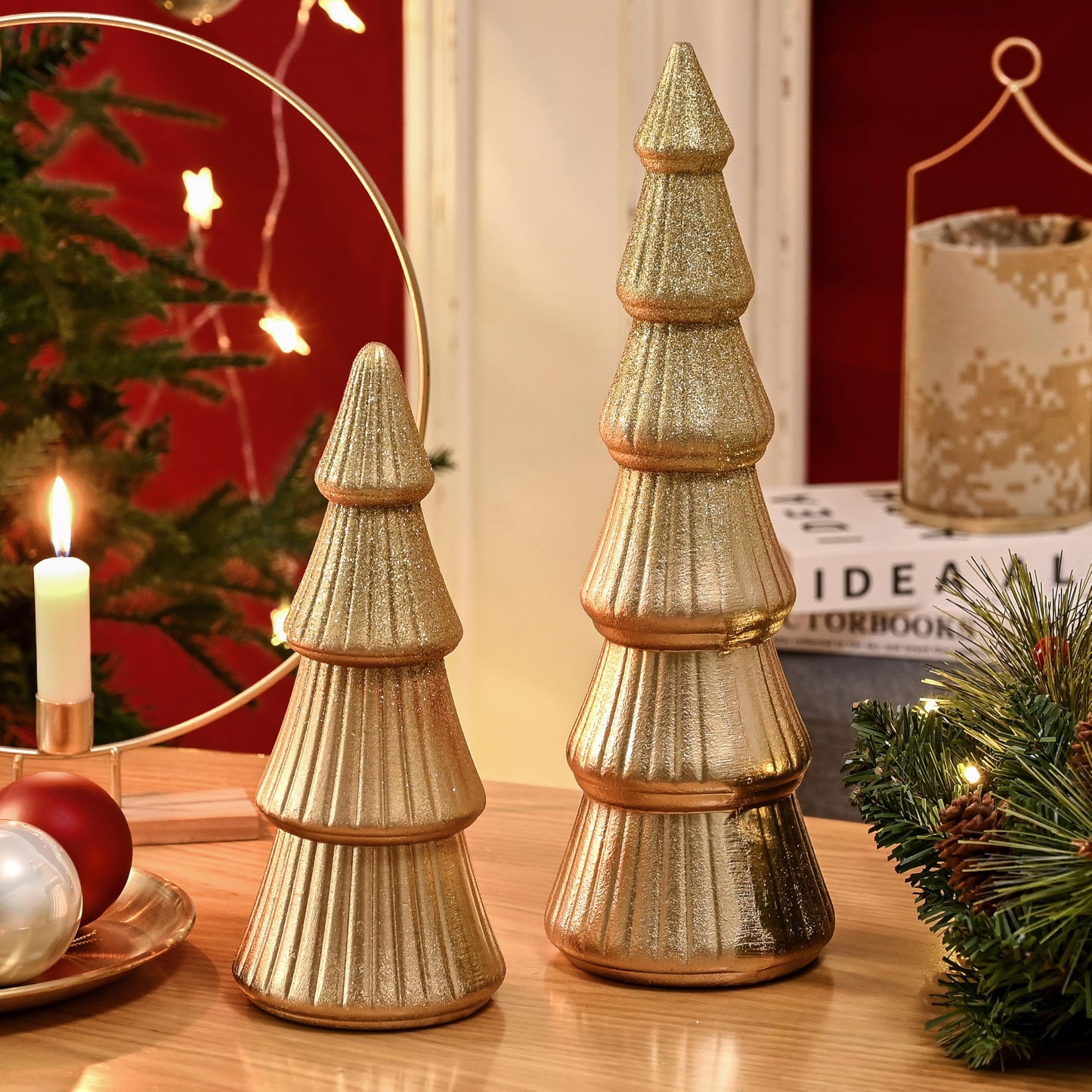 AOMOONOA Wooden Christmas Trees Figurine, 2Pcs Gold Tree Figurines, Decorative Trees for Tabletop, Small Glittered Golden Xmas Tree Figurines for Christmas Mantle Indoor Decor