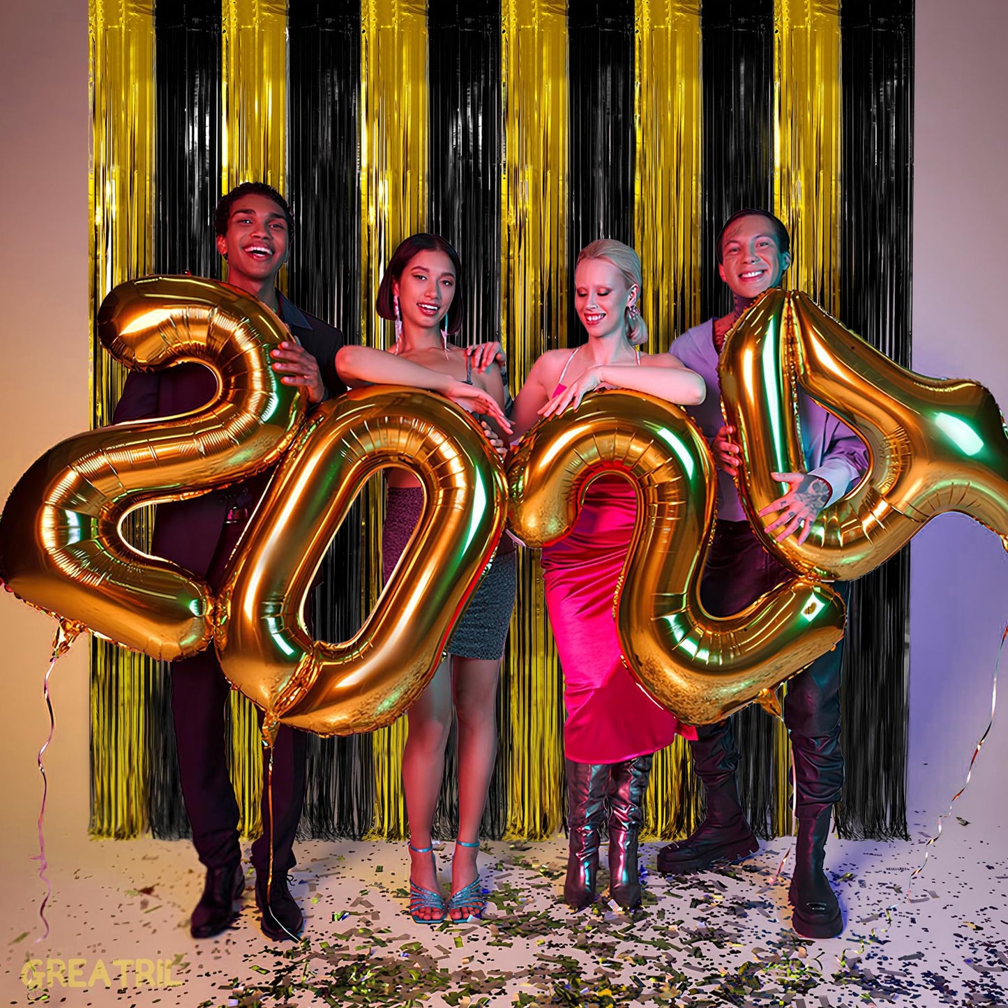 Black and Gold Party Streamers Decoration - GREATRIL Foil Fringe Backdrop for 2026 NYE/Anniversary/Farewell/Cocktail/Prom/EID/Birthdays - 3.2ft X 8.2ft - 2 Packs