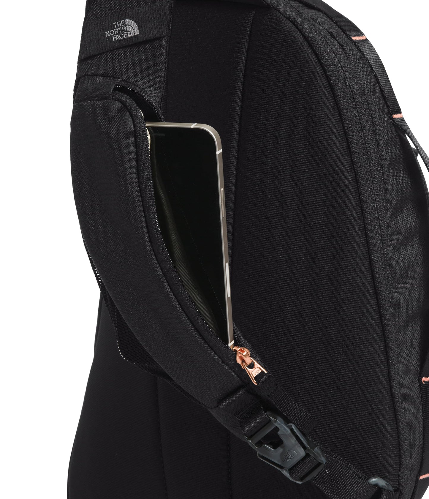 The North Face Women's Isabella Sling - Slim Carry Crossbody Bag with Large Main Compartment, Water-Repellent Finish, TNF Black Light Heather/Burnt Coral Metallic-NPF, One Size