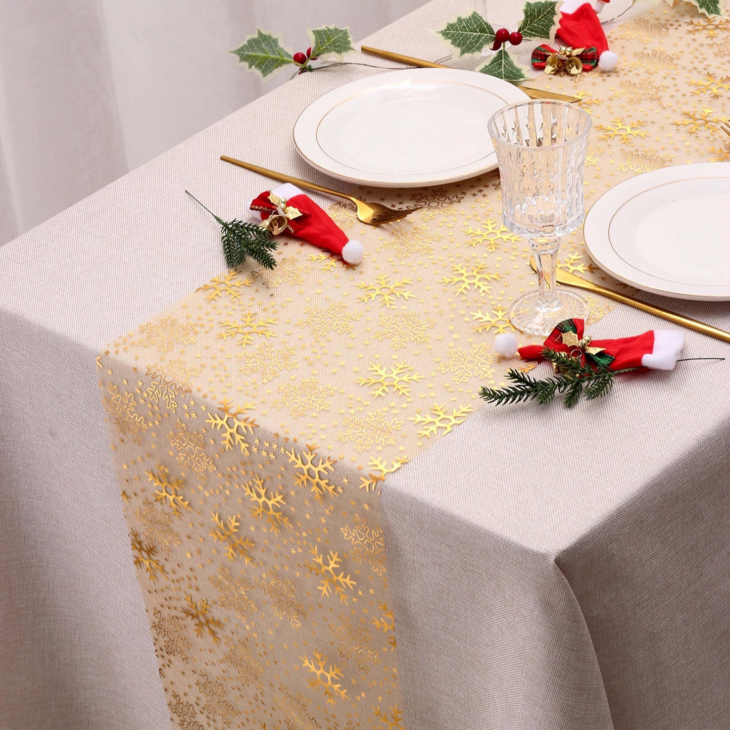 Yonuni Gold Snowflake Table Runner 11x108 Inch - Christmas Tulle Table Runner Gold Table Decorations Centerpiece for Wedding Birthday Christmas Thanksgiving & Party