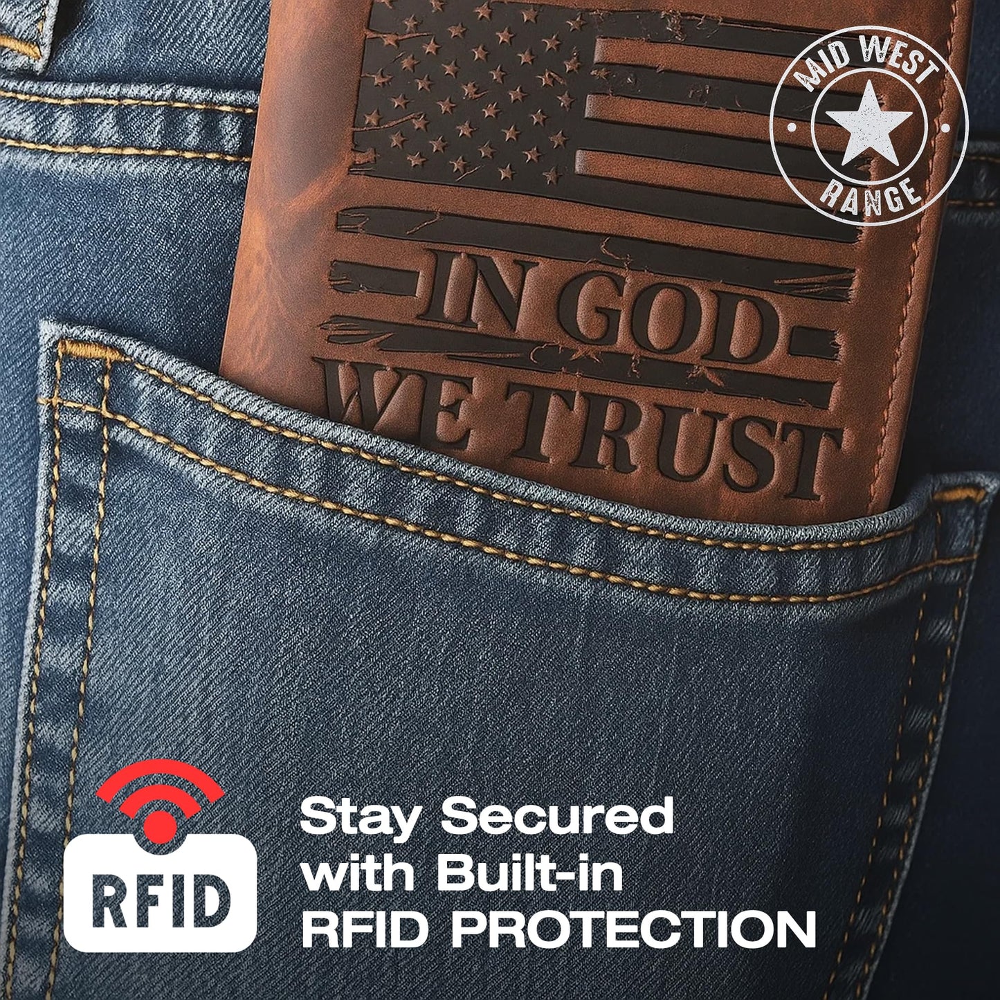 American Flag Long Wallet for Men - Western Wallets for Men with ‘IN GOD WE TRUST’ – Distressed Full Grain Leather – RFID Blocking Long Bifold Cowboy Wallet – Patriotic Father's Day (7 Inches)