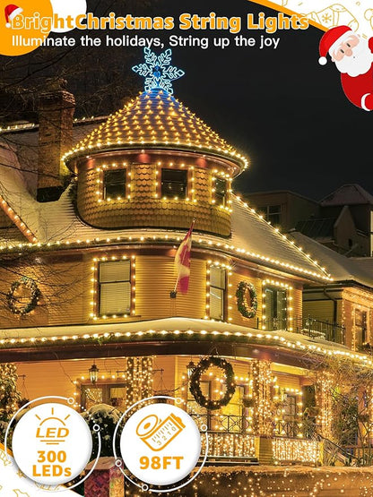 300 LED 98 FT Christmas Lights, Waterproof Outdoor String Lights with Remote and Timer, Christmas Tree Lights with 8 Modes Dimmable, Fairy Lights for Holiday Decor (Warm White)