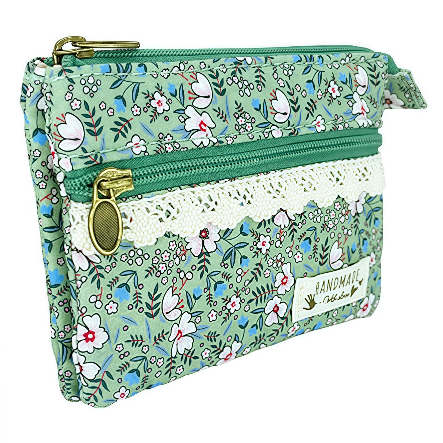 GUXL Women Small Zipper Coin Purse, Handmade Fabric Flower Embroidered Change Pouch, Cotton Double Zipper Wallet