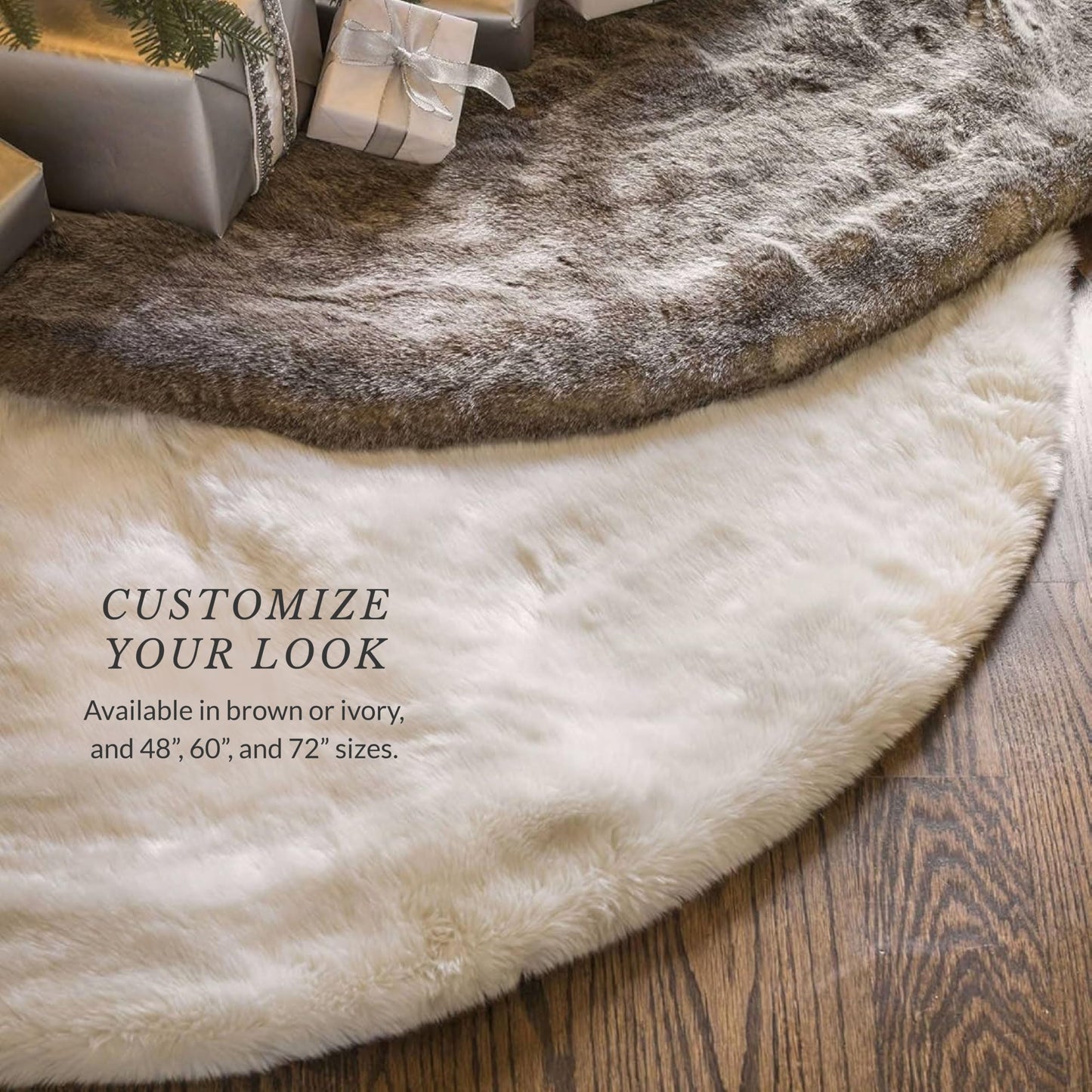 Balsam Hill Lodge Faux Fur Christmas Tree Skirt - Premium Rustic and Luxurious Fur Accents in Brown and Ivory for Tree Decor, Ivory, 60"