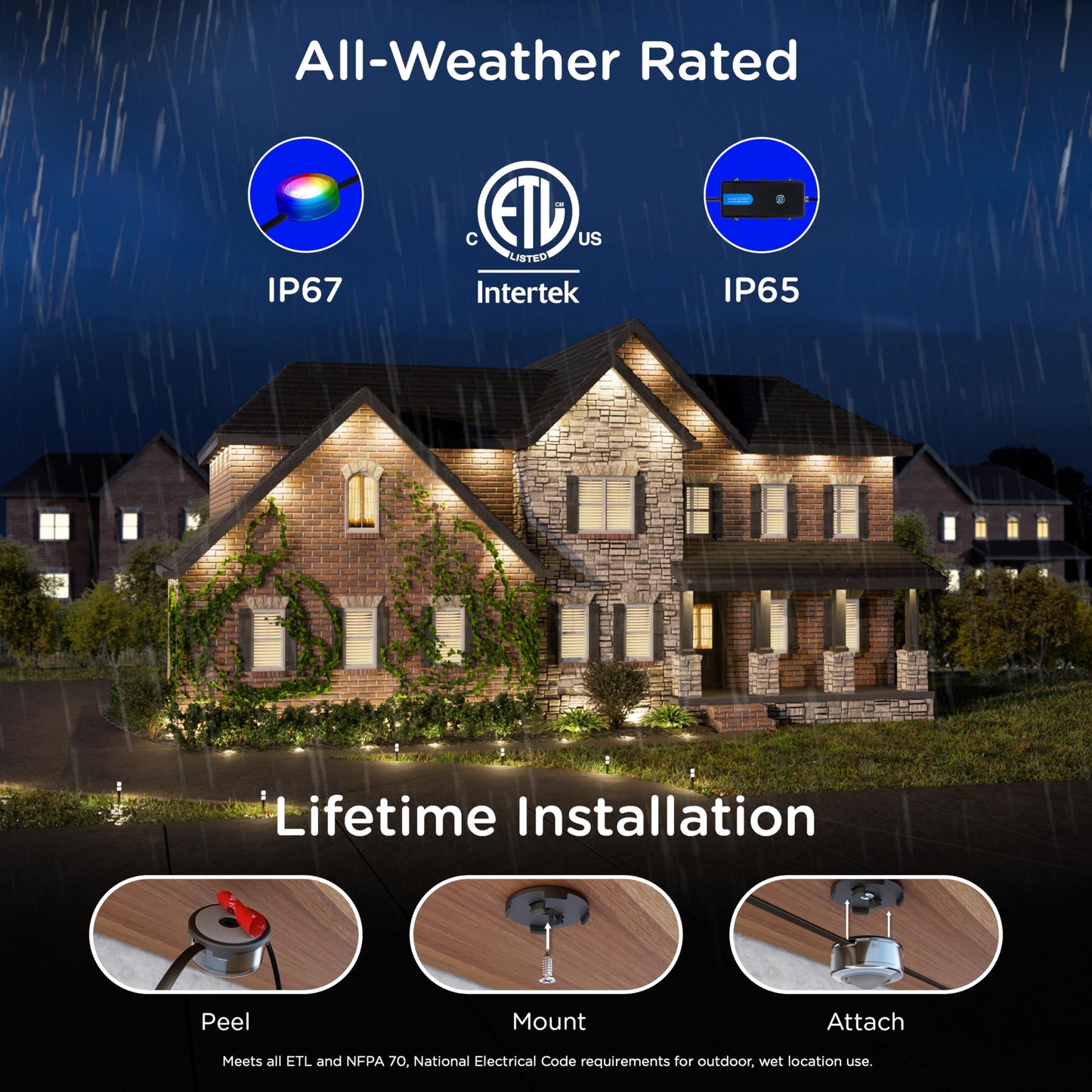 Enbrighten Eternity Accent Permanent Outdoor Lights, 150ft with 36 RGBWIC LED Lights, App‑Controlled, Cuttable, Christmas, Accent & Year‑Round Eave Lighting, Works with Alexa & Google Home, 85716
