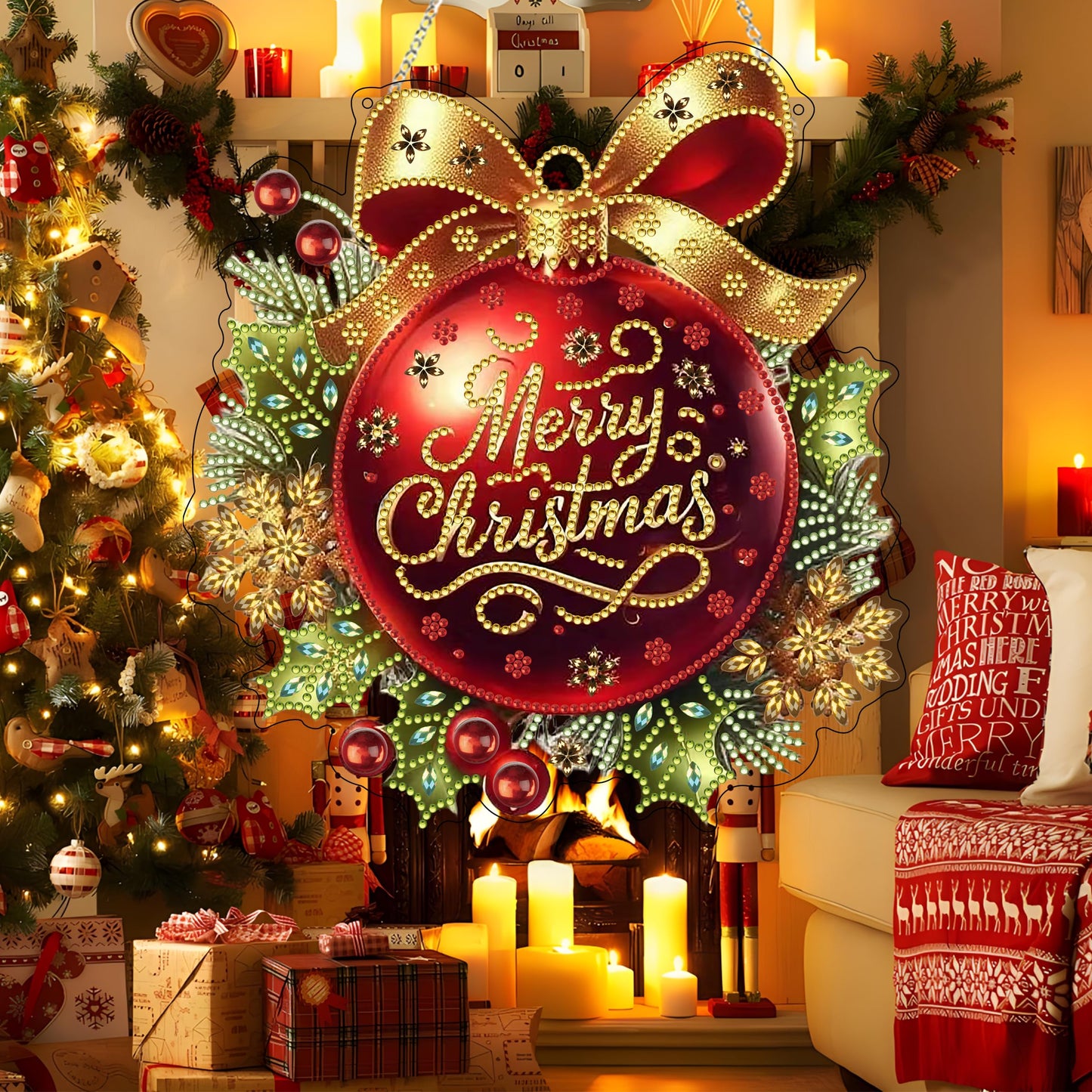 DIY Diamond Art Painting Wreath Kits，Special Shaped Rhinestone Hanging Ornament Diamond Art Window Pendants for Gift Home Garden Wall Hanging Kits,Double Sided (Merry Christmas)