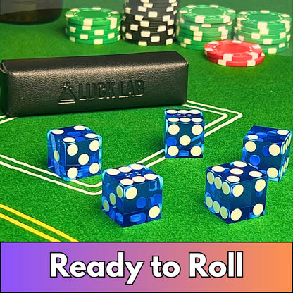 Luck Lab Grade AAA 19mm Casino Dice with Razor Edges and Matching Serial Numbers Set of 5 and Leather Dice Case, Blue