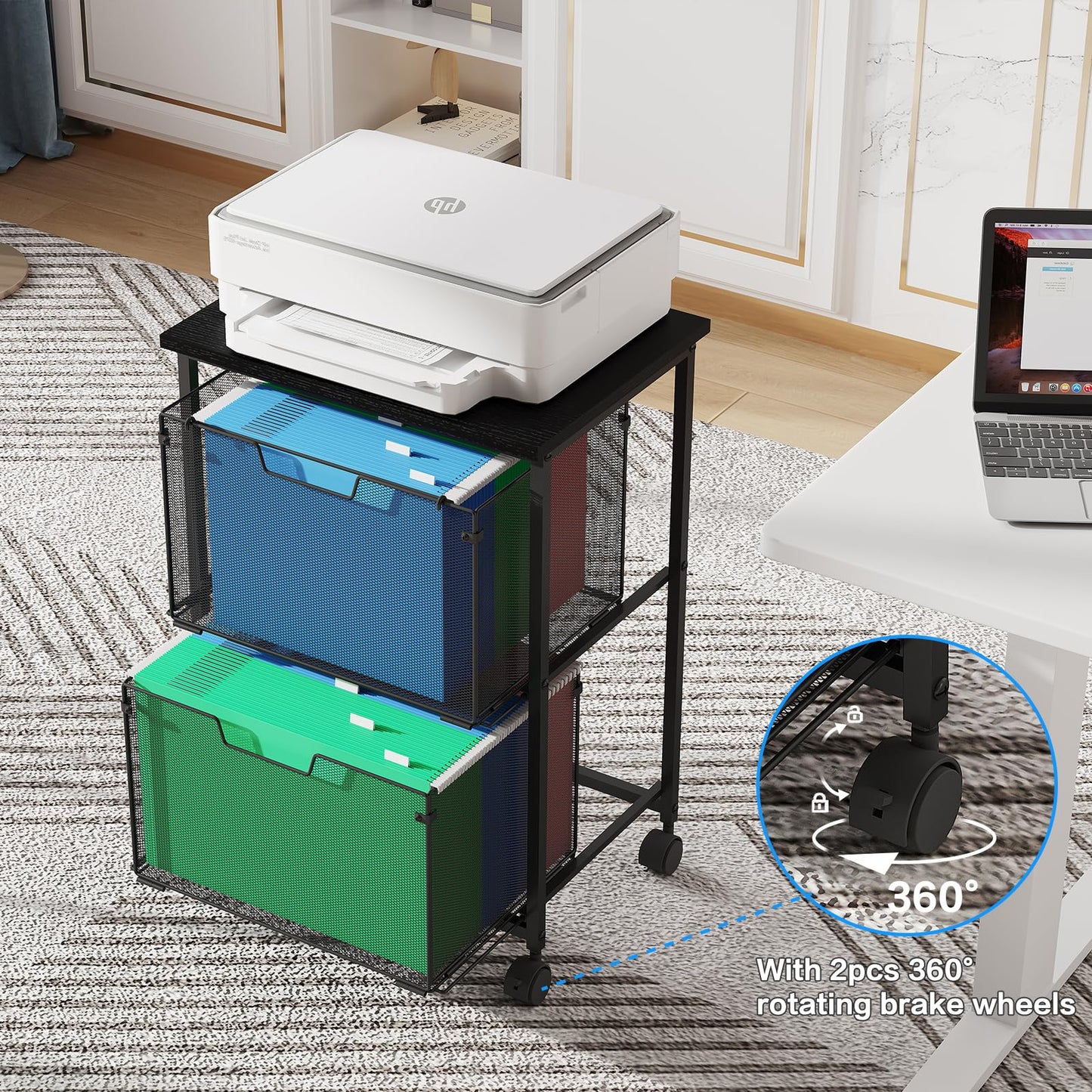 Sbanmao Letter/Legal Rolling File Cart with 2 Storage Drawers, Under Desk Storage, Vertical Filing Cabinet for Home Office, Hanging File Folders Organizer, Mobile Utility Cart Printer Stand, Black
