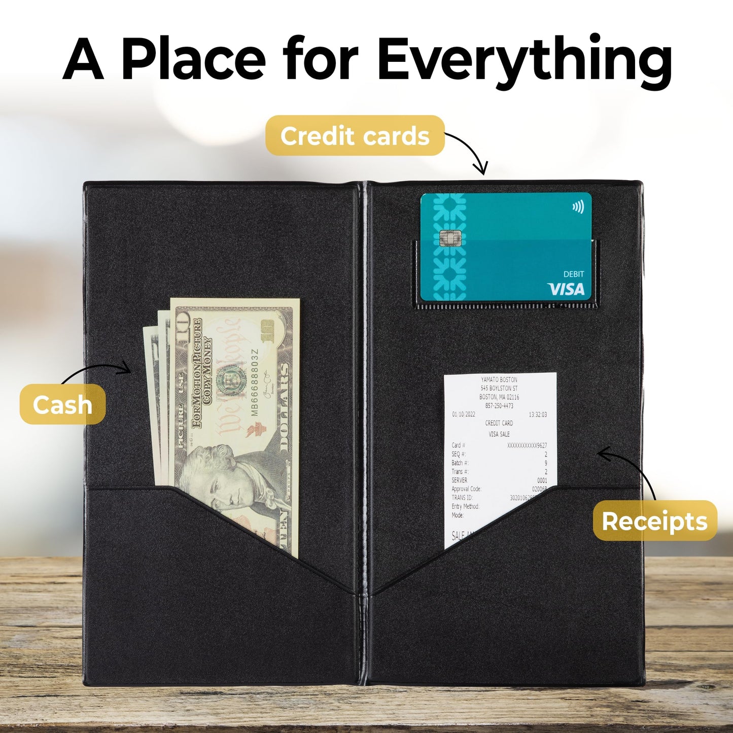 Gold Lion Gear Restaurant Check Presenters - Guest Check Card Holder with Gold Thank You Imprint - 5.5" x 10" Black 20 Pack, Standard Server Book - Waitress Book