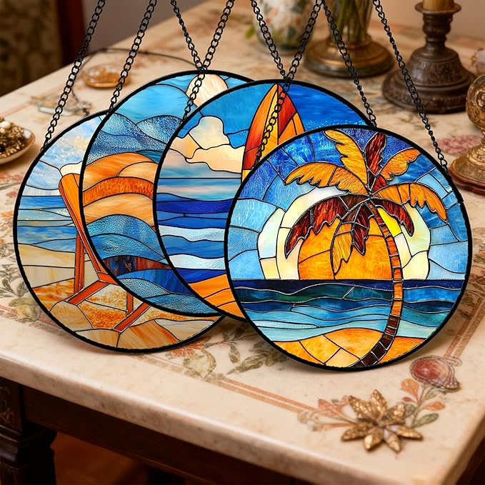Stained Glass Window Hanging 4 Pcs Set Blue Orange Ocean Beach Theme Large 15" - Suncatcher Door Garden Sun Catcher Decor Birthday Christmas for Mom Woman Nana Men Wife