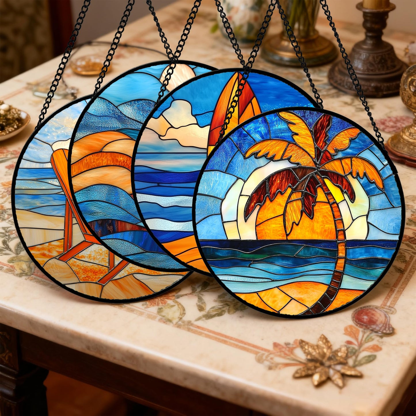 DASTOLL Stained Glass Window Hanging 4 Pcs Set Blue Orange Ocean Beach Theme 6.3" - Suncatcher Door Garden Sun Catcher Decor Birthday Christmas for Mom Woman Nana Men Wife