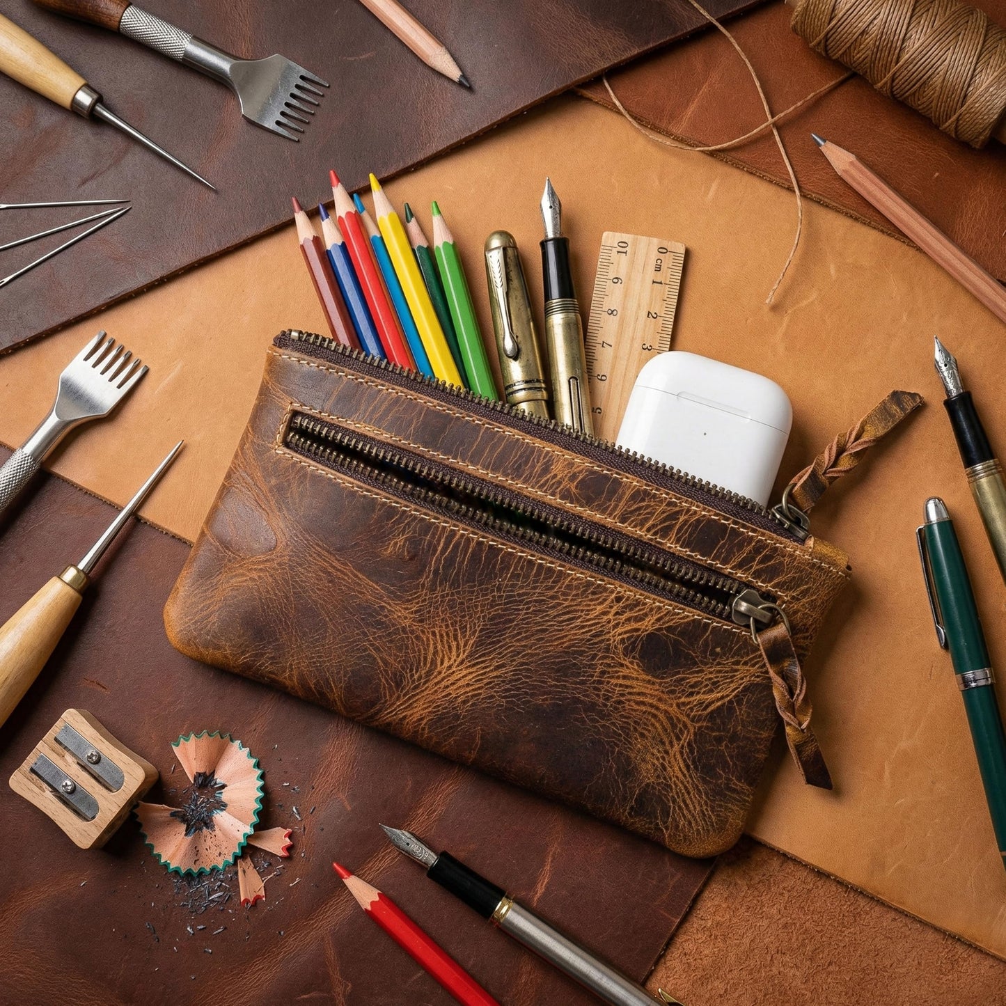 LEATHER TOWN Leather Pencil Case Pouch 8" x 4" - Leather Pen Case with Zipper (Antique Brown)
