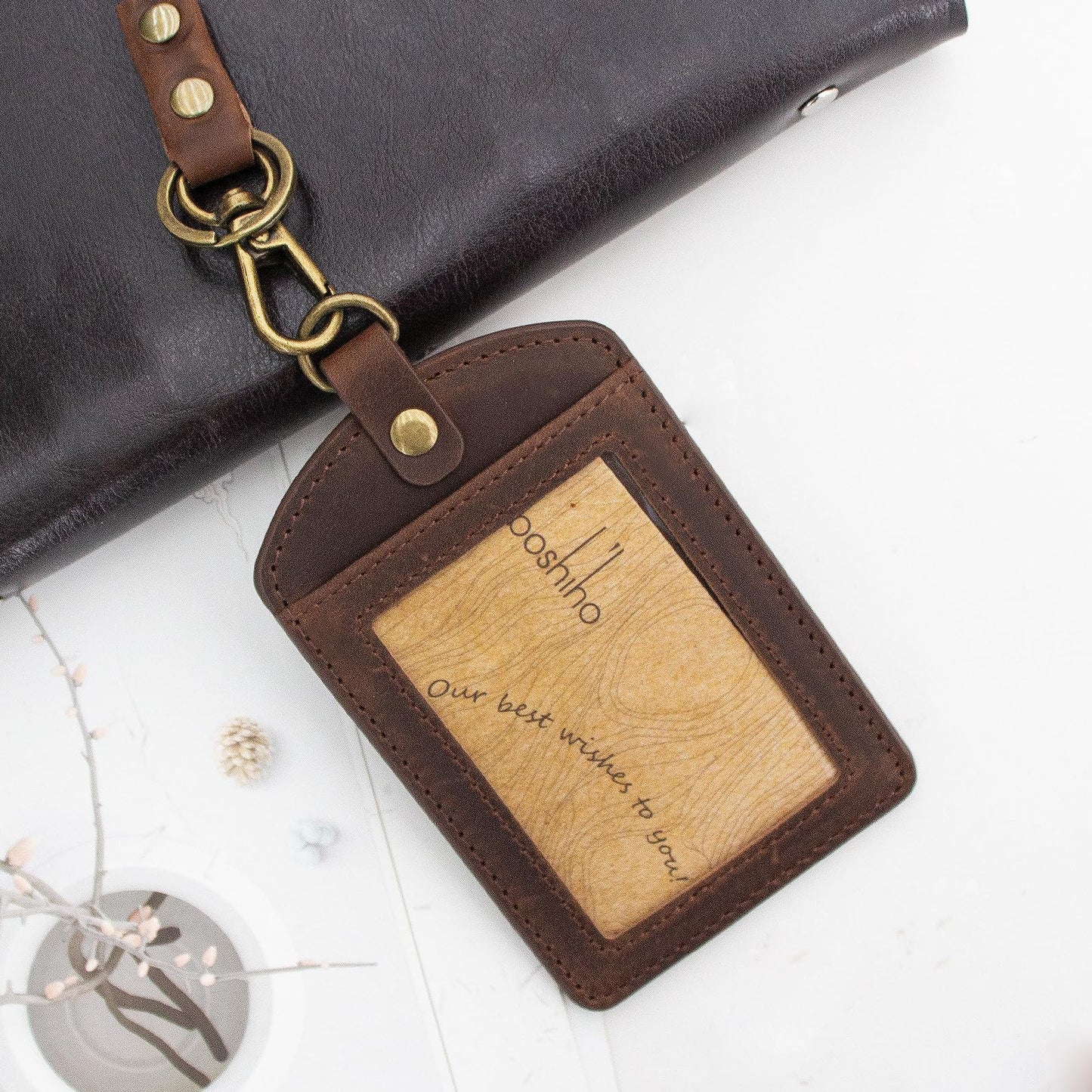 Badge Holder: Boshiho Cowhide Leather ID Badge Card Holder with 19" Neck Lanyard, Vertical Style (Dark Brown)