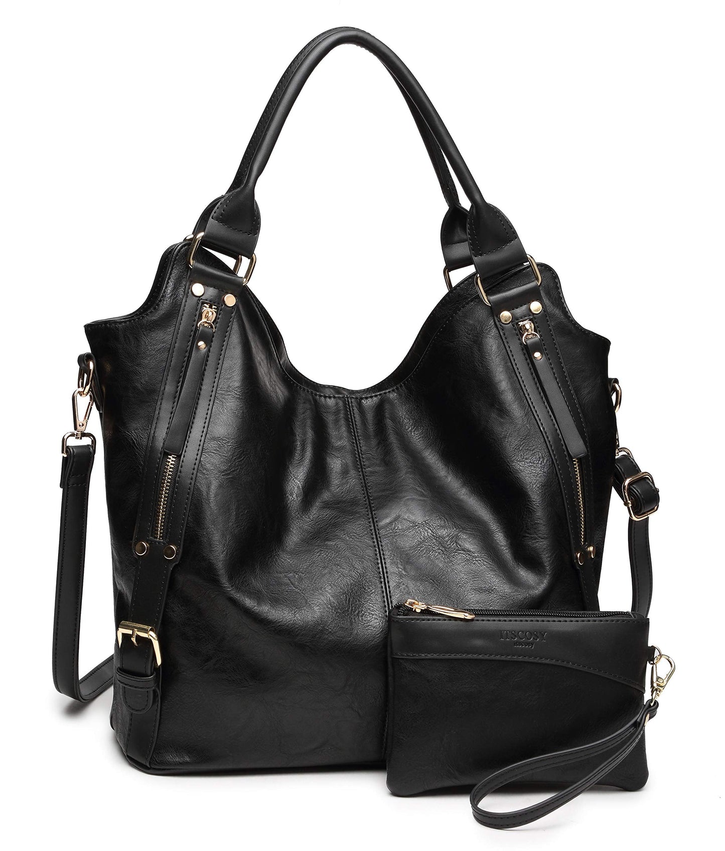 Women Tote Bag Handbags PU Leather Fashion Hobo Shoulder Bags with Adjustable Shoulder Strap (Black, L)