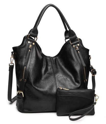 Women Tote Bag Handbags PU Leather Fashion Hobo Shoulder Bags with Adjustable Shoulder Strap (Black, L)