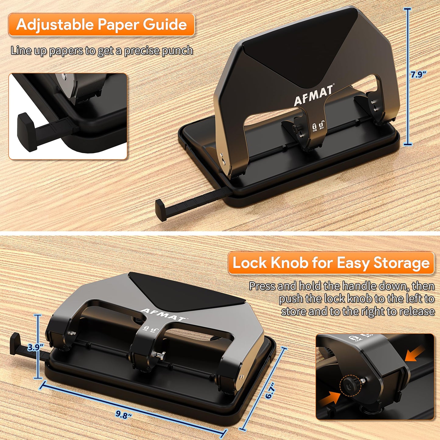 AFMAT Heavy Duty 3 Hole Punch, 50-Sheet Capacity, 50% Reduced Effort Three Hole Puncher for Binder, 10K+ Uses, Large Chip Tray, Adjustable Paper Guide, Office Metal Paper Puncher 3 Ring HP20(Black)