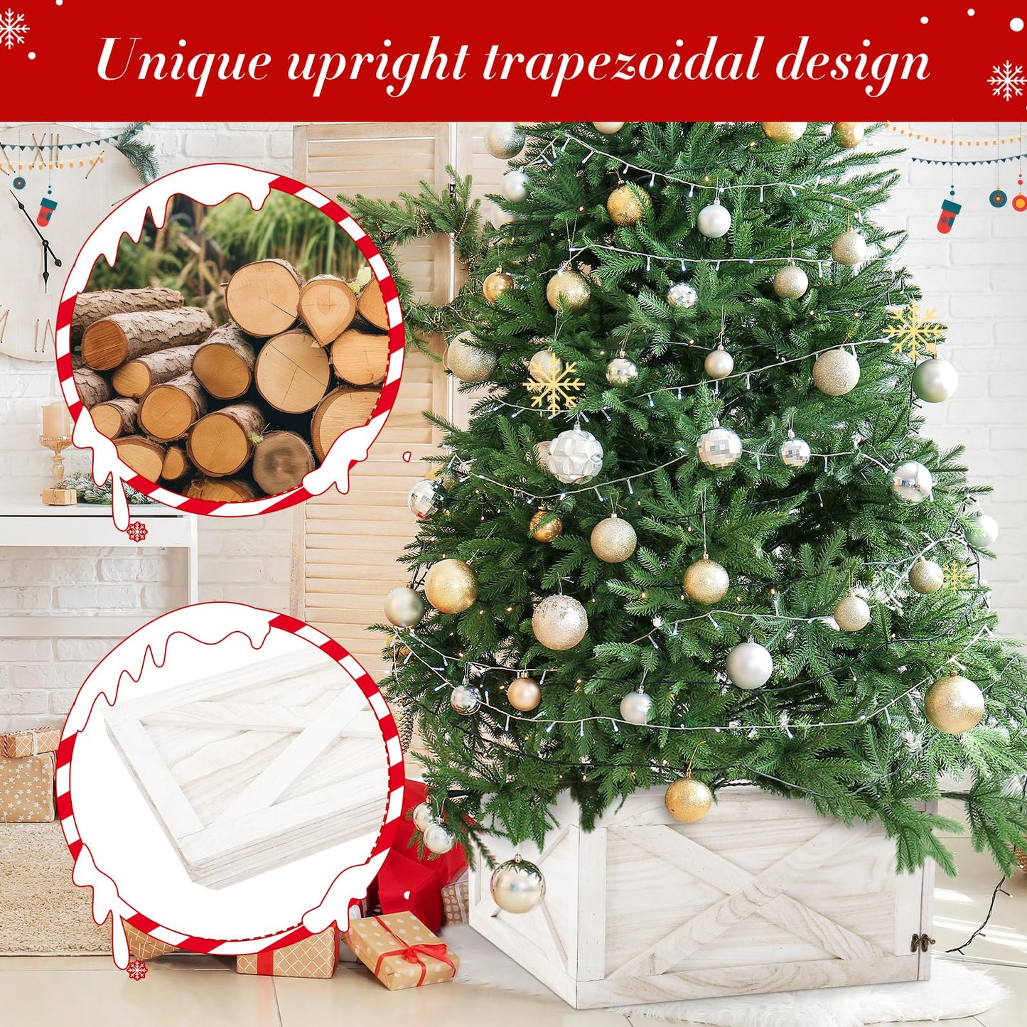 GlikCeil 22'' L Wooden Christmas Tree Collar Box Christmas Tree Skirt Stand Base Cover Rustic Farmhouse Bottom Cover Box for Xmas Party Holiday Decorations(White)