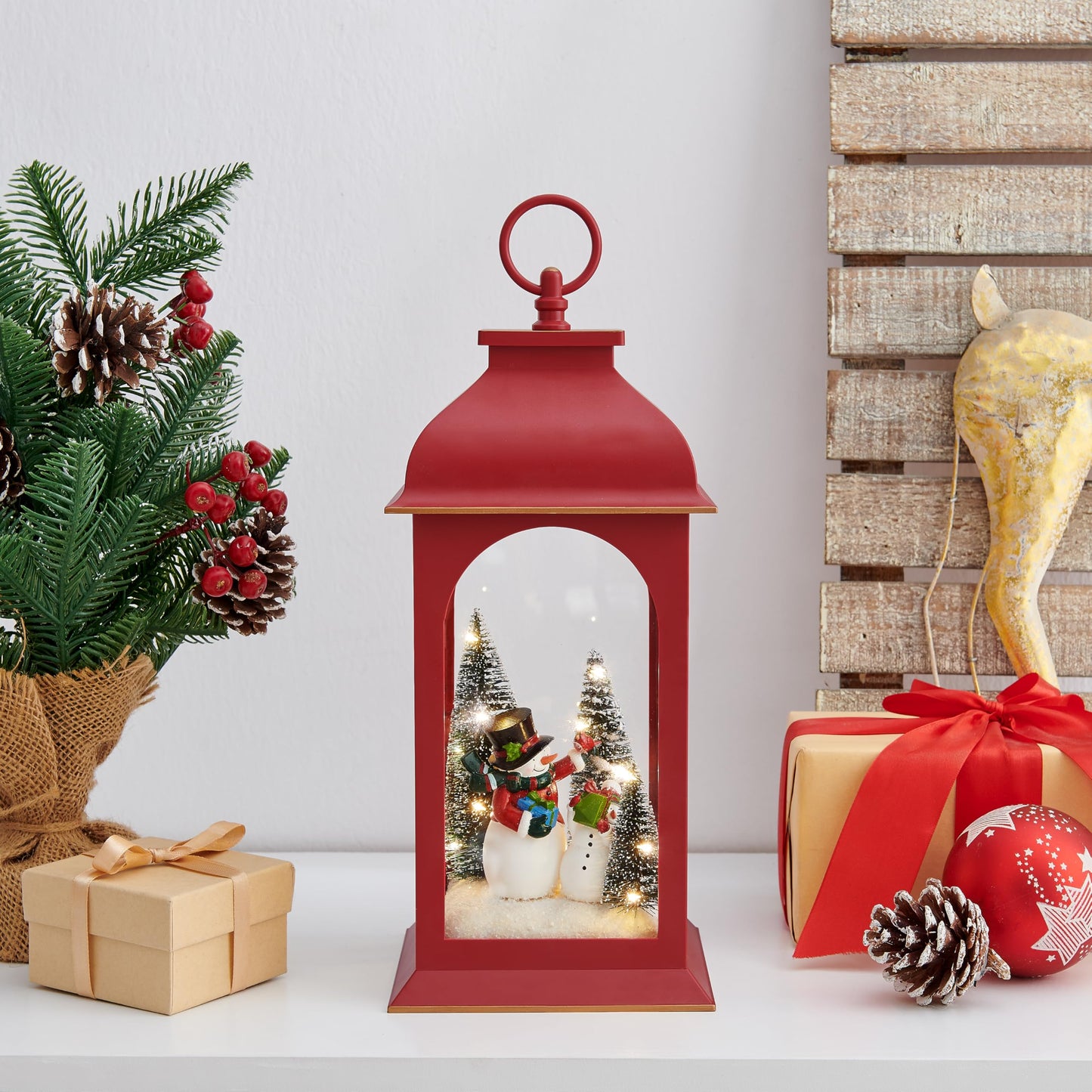 Danya B. Tabletop Red Christmas Snowman Winter Scene Diorama Lighted Lantern Decoration