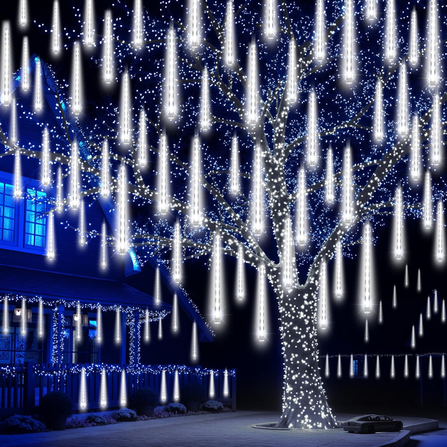 JOYIN Christmas Lights Outdoor,8 Tubes Meteor Shower Lights White,192 LEDs, Snowfall Icicle Cascading Rain Light for Christmas Tree Decorations, Wedding Party Holiday Decor