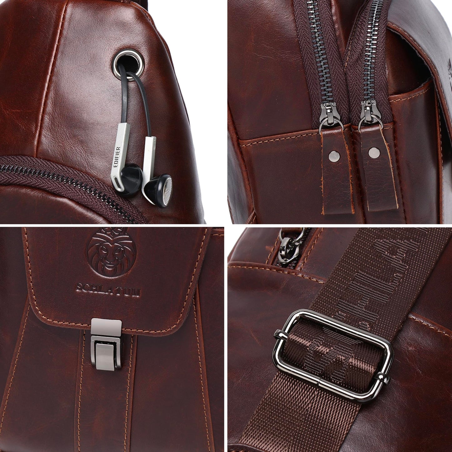 LUKZIJAES Genuine Leather Sling Bag for Men Casual Crossbody Shoulder Chest Pack Daypack Outdoor Travel Hiking Backpack (#10-Coffee)