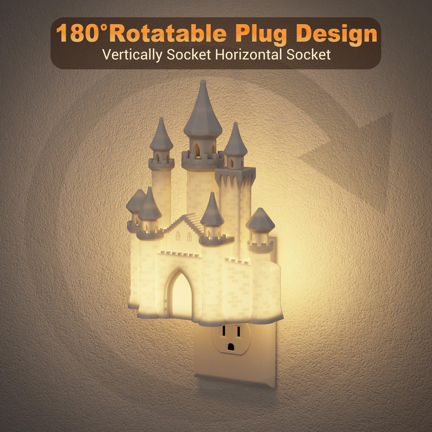 JandCase Night Lights Plug into Wall,2 Pack 3D Printed Castle Night Light,3000K Plug in Nightlight with Dusk to Dawn Sensor,0-100LM Adjustable Brightness for Rooms Bathroom Hallway