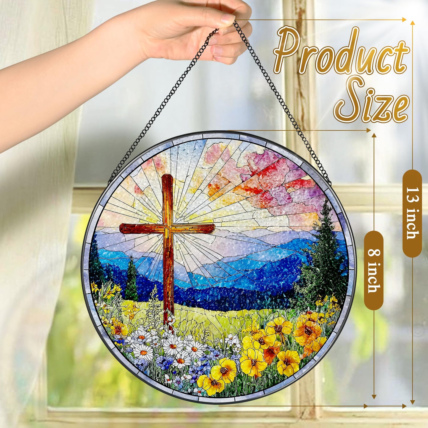8 Inch Christian Cross Sun Catcher, Stained Glass Window Hanging, Religious Suncatcher for Windows, Sun Catchers Indoor Window, Christian Gifts, Religious Cross Gifts, Faith Home Decor