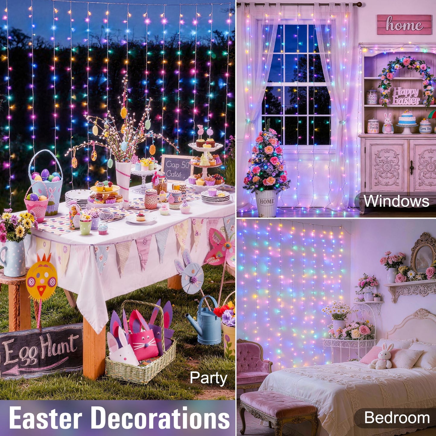 JMEXSUSS 300LED Easter Decorations Curtain Lights with Remote, 9.8x9.8ft Easter Sting Lights Plug in for Bedroom Wall Window Party Backdrop Porch Patio Garden Yard Indoor Outdoor Decor