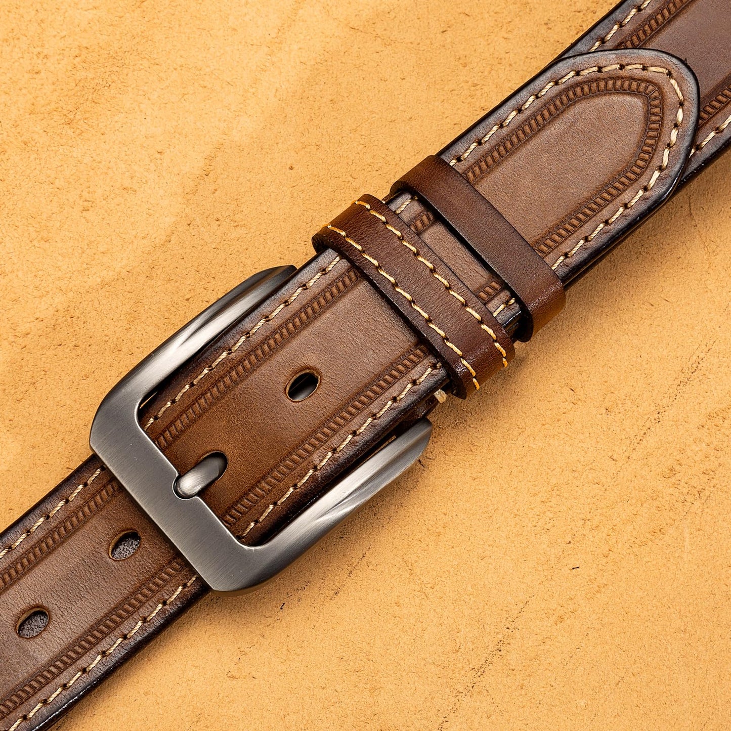 HOLMANSE Italian Full Grain Leather Belt for Men Western Cowboy Casual Jean Belt 1.5 Wide 7 Holes Gift Box Packaging (Full Grain Leather/Brown, Belt Size 36 / Pants Size 34)