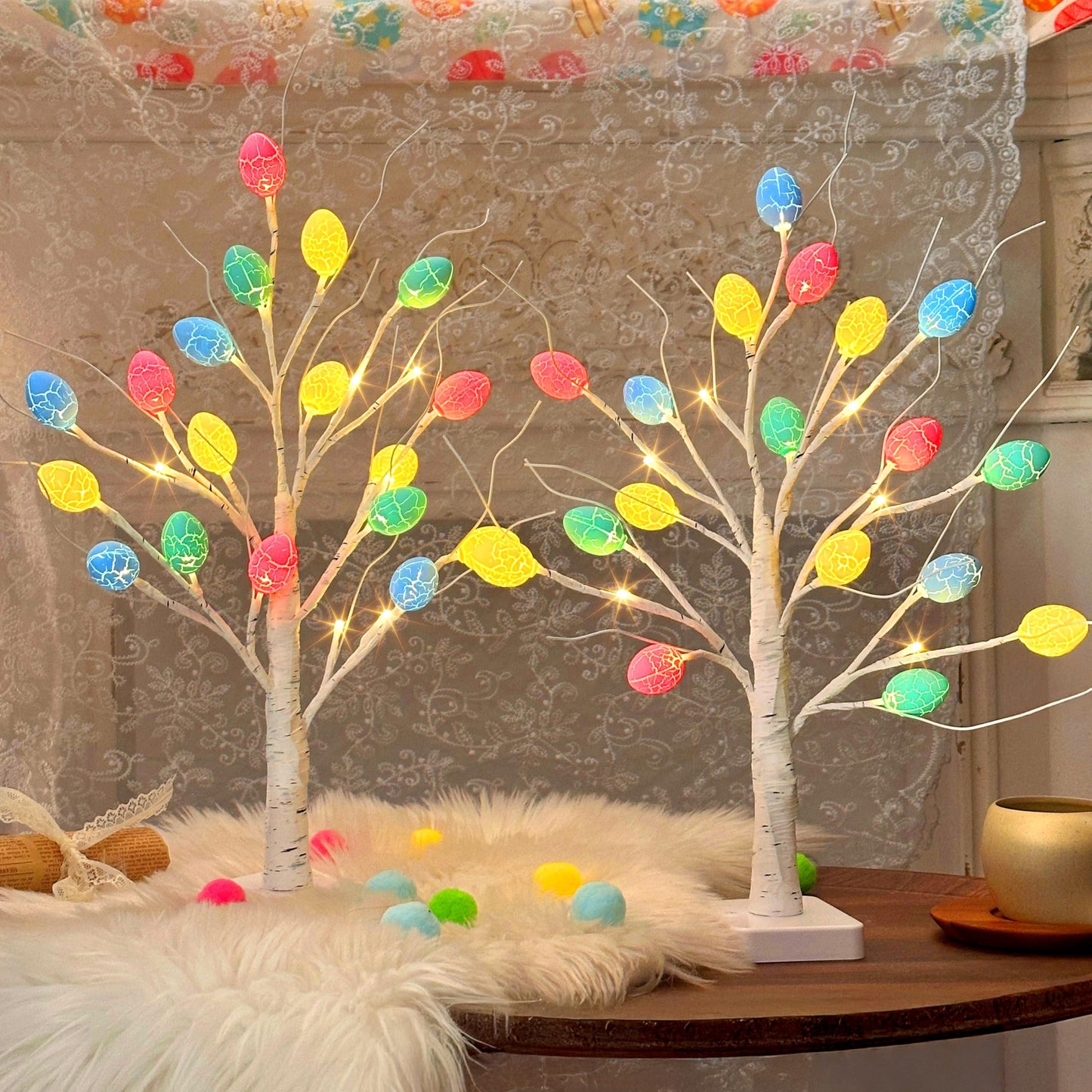 Vanthylit Easter Decorations, 2 Pack Lighted Easter Tree Battery Operated with Timer, 22 Inch LED Birch Tree with 36 Egg Ornaments Indoor Tabletop Centerpiece Light for Home Decor