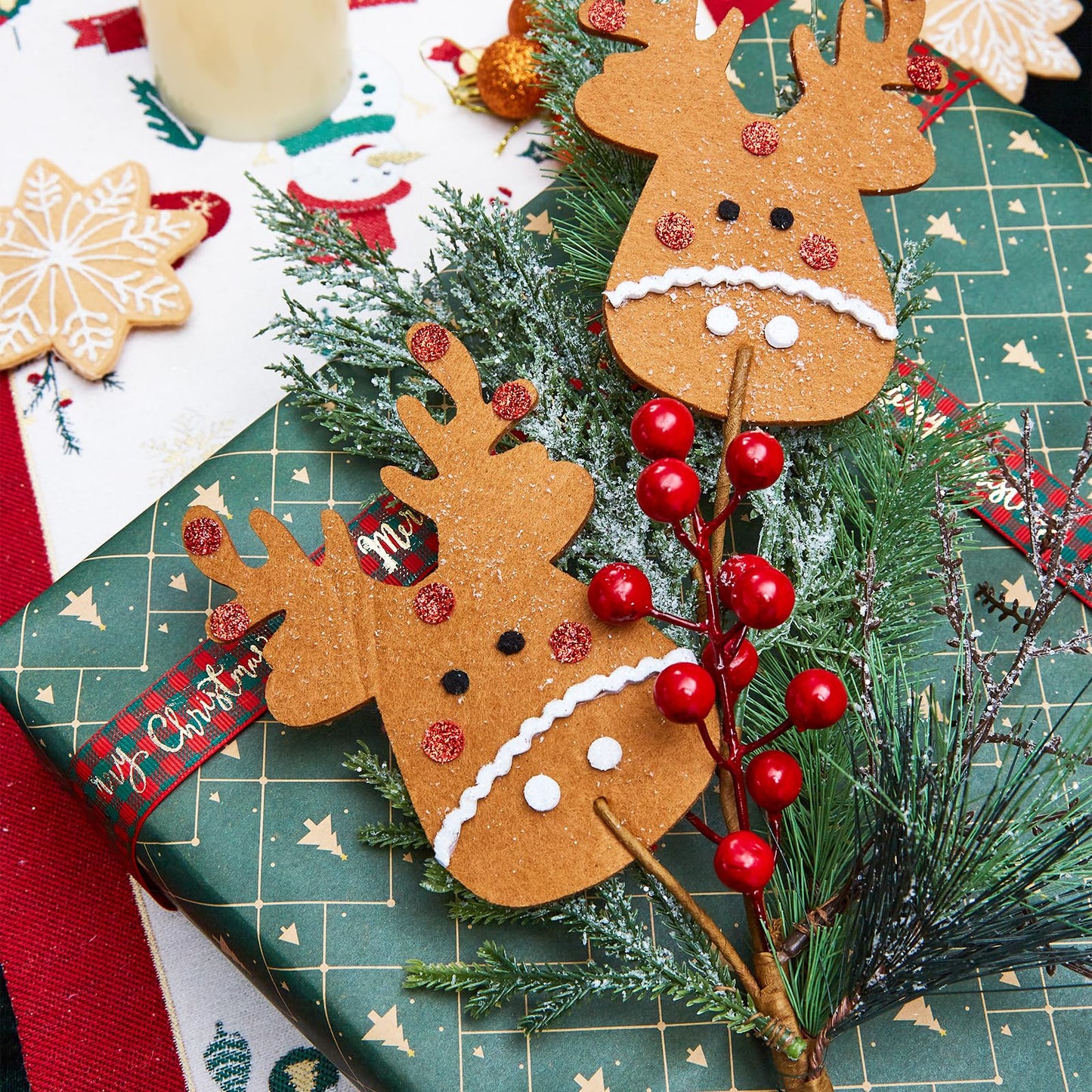 TEMPUS 6 Pcs Christmas Tree Ornaments 26 Inch Pine Needle Branches with Felt Reindeer Snowflakes Christmas Table Centerpiece Winter Home Decor DIY Crafts for Vase Filler Wreath Decor
