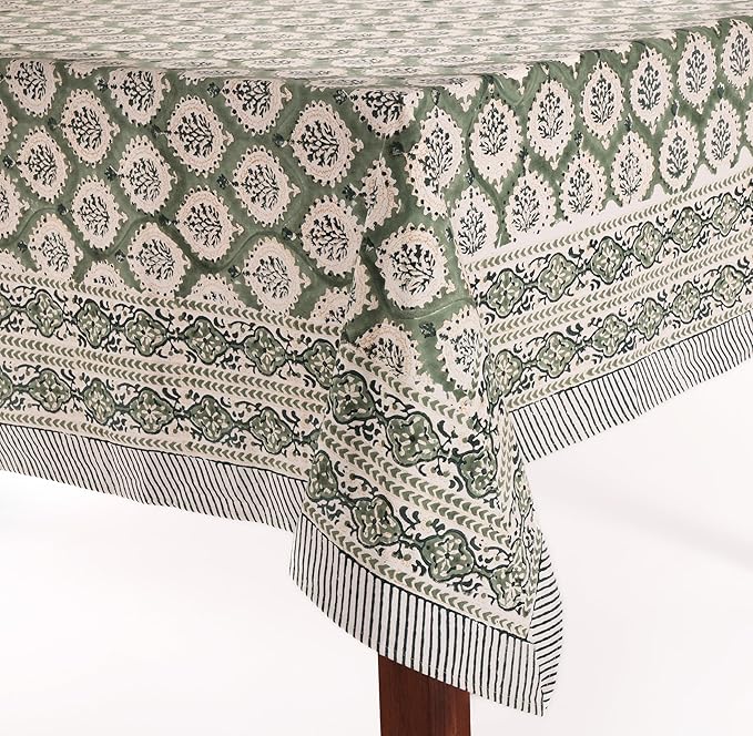 ATOSII Kari Green 100% Cotton Rectangle Boho Summer Tablecloth, Block Print Floral Table Cloth Linen for Dining, Parties, Wedding, Outdoors Home Decor 72 X 108 Inches I 8 Seater I