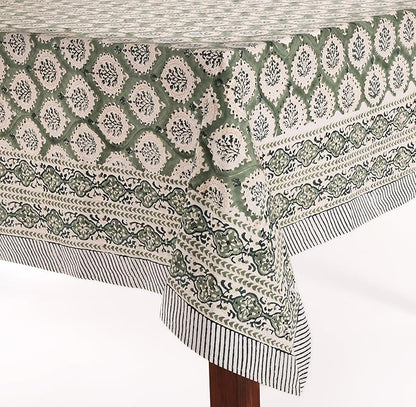 ATOSII Kari Green 100% Cotton Square Boho Summer Tablecloth, Block Print Floral Table Cloth Linen for Dining, Parties, Wedding, Outdoors Home Decor 60 X 60 Inches I 4 Seater I