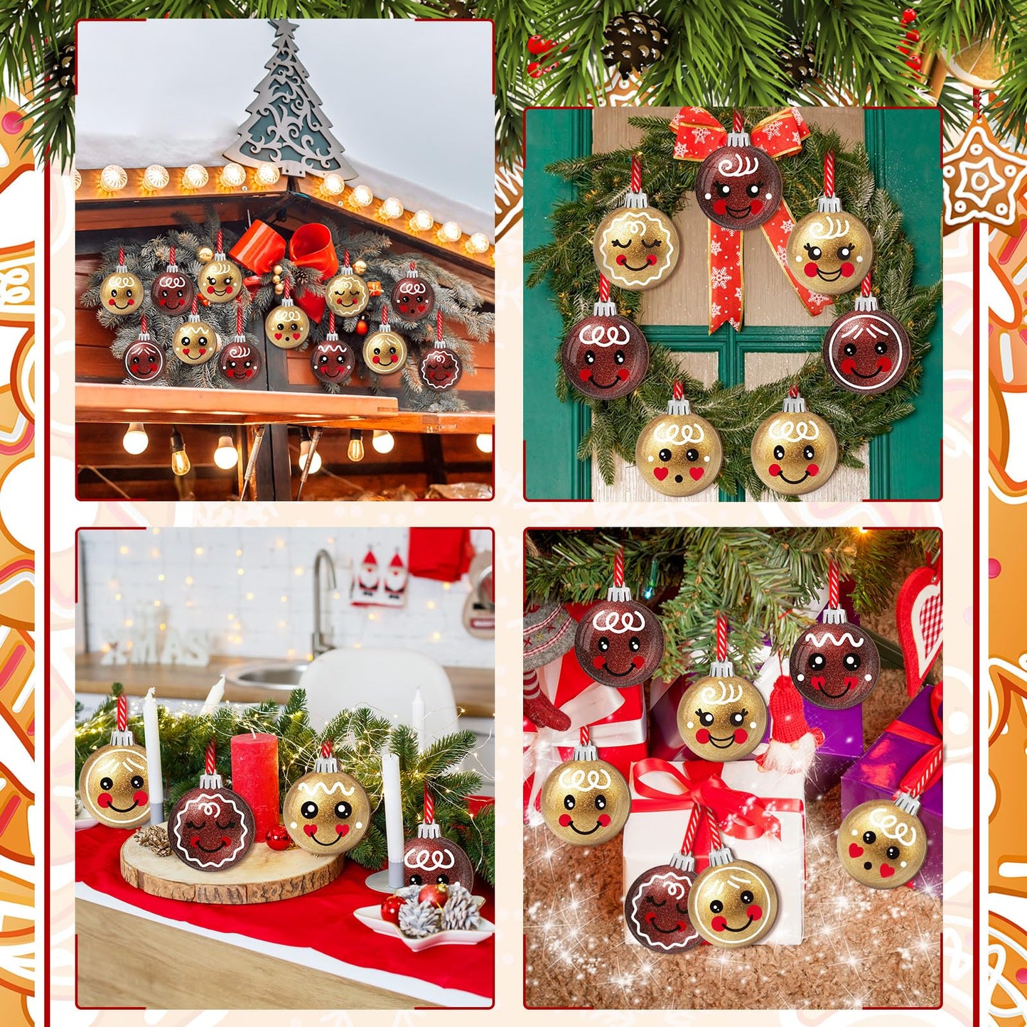 Wonderjune 36 Pcs Christmas Gingerbread Face Ornaments Wooden Gingerbread Tree Decoration Glitter Red Gold Christmas Hanging Ornaments Smile Wood Hanging Pendants for Xmas Tree Party Holiday Decor