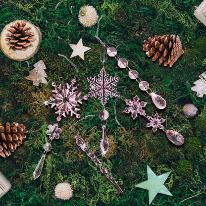 18pcs Crystal Christmas Ornaments for Christmas Tree Decorations-Pink Hanging Acrylic Snowflake and Icicle Ornaments with Drop Pendants for New Year Party Decorations Supplies