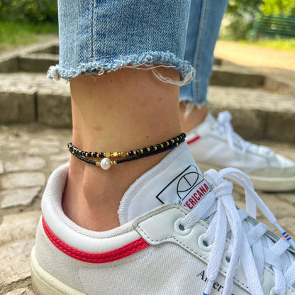 Made by Nami Boho Surfer Anklet Waterproof & Adjustable Beaded Anklets for Women Beachy Ankle Bracelet Made from Waxed Cotton Rope and Beads for Summer and Hippie Style (Black Pearl)