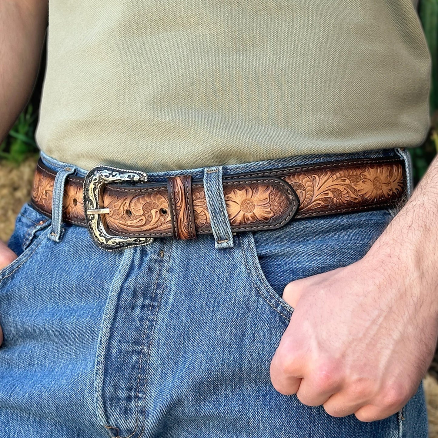 DANIEL'S ARTPLANET Western Belt for Men Full Grain One Piece Leather Belt Tooled Handmade with Buckle Engraved 1.5” Wide (34)