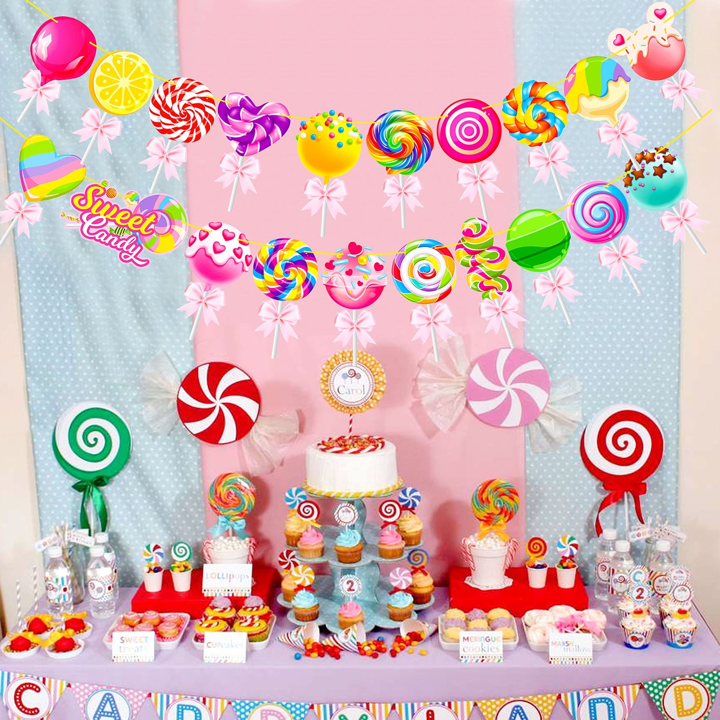 Candy Party Banners 2Pcs Candy Birthday Party Cutout Banners Lollipop Party Decorations for Candyland Baby Shower Supplies