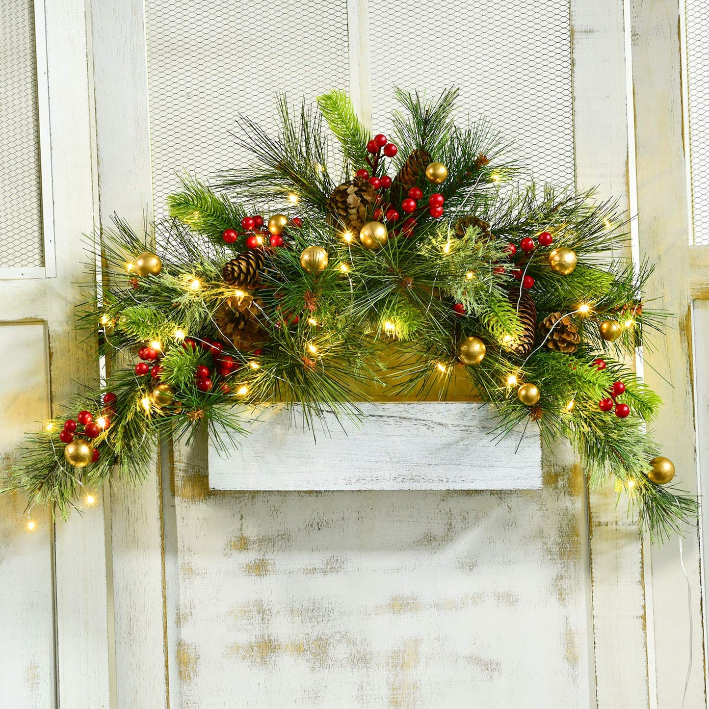 DearHouse 24inch Artificial Christmas Swag, Xmas Mail Box Swag with Wintry Pine Collection and LED Lights for Christmas Holiday Home Decor