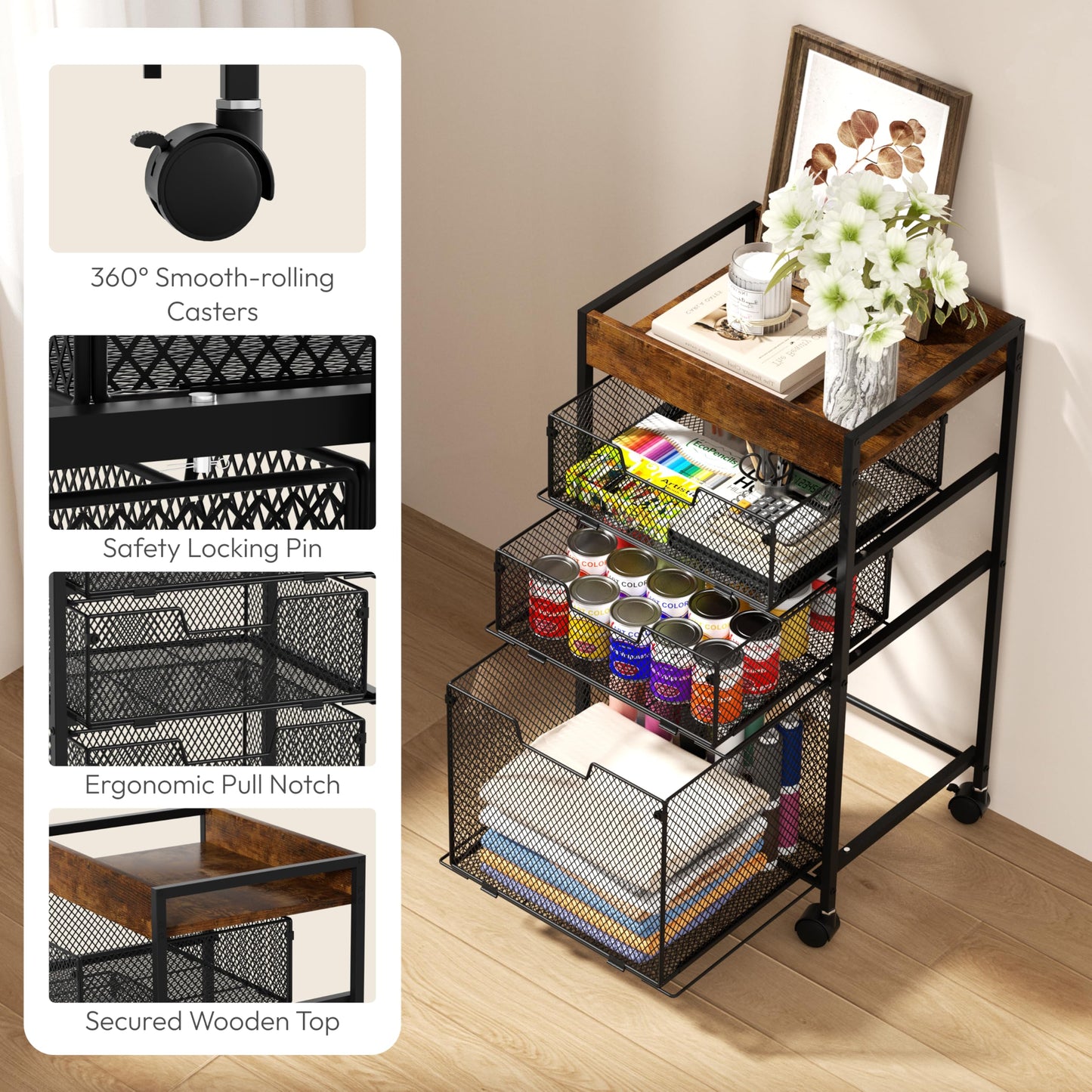 SWTYMIKI Rolling File Cart with Drawers - 4 Tier Under Desk Storage Craft Rolling Organizer Cart - Office Storage &Organization, Mobile Metal Filing Cabinet for Office and Home Espresso