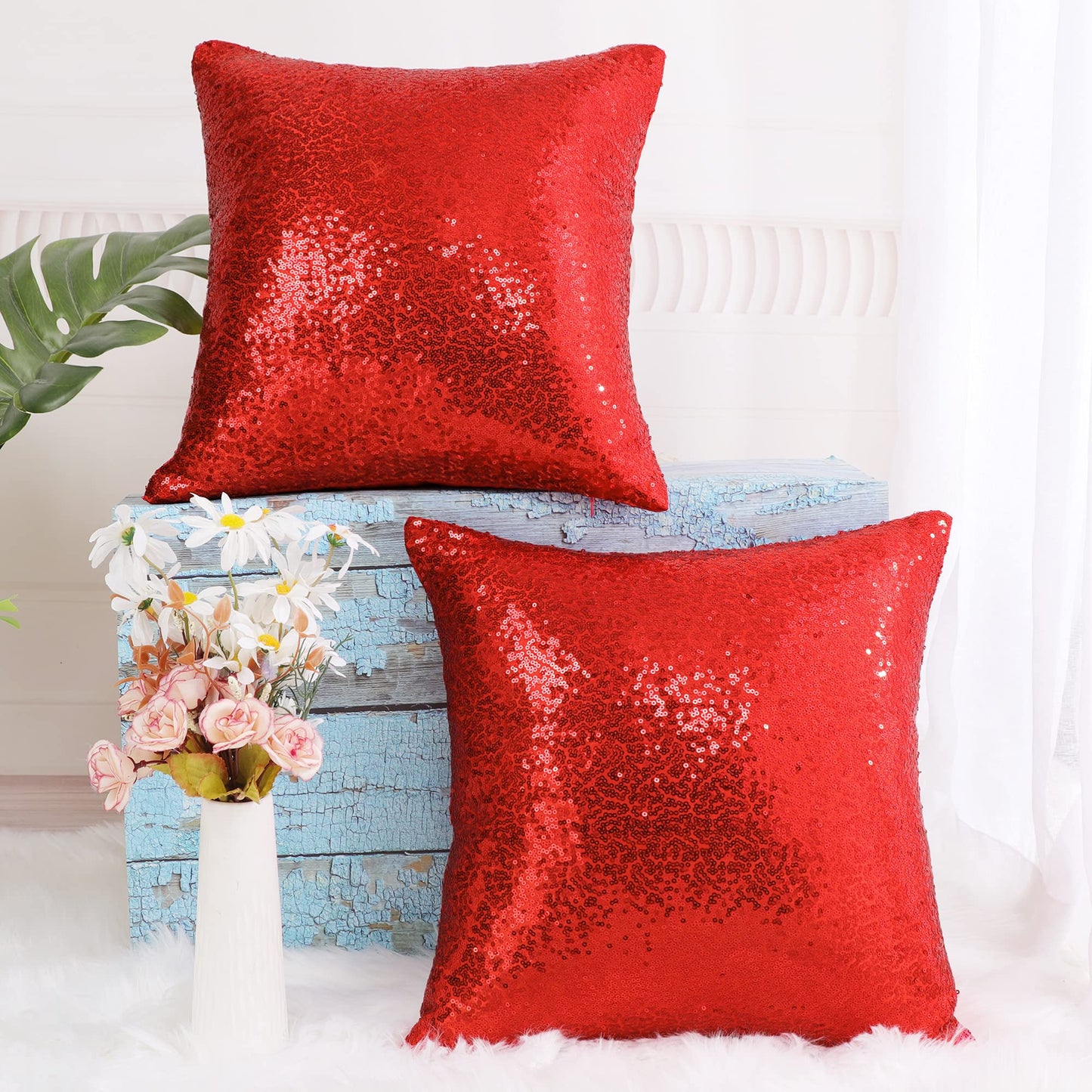 uxcell 2 Pcs Decorative Sequin Throw Pillow Cover, 16x16 Red