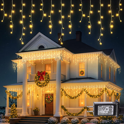 Hopolon 33FT 360L LED Christmas Icicle Lights Outdoor Waterproof,8 Modes Plug in Curtain String Lights with 60 Drops for Wedding, Party, Bedroom, Home, Garden, Wall Decorations(Warm White)
