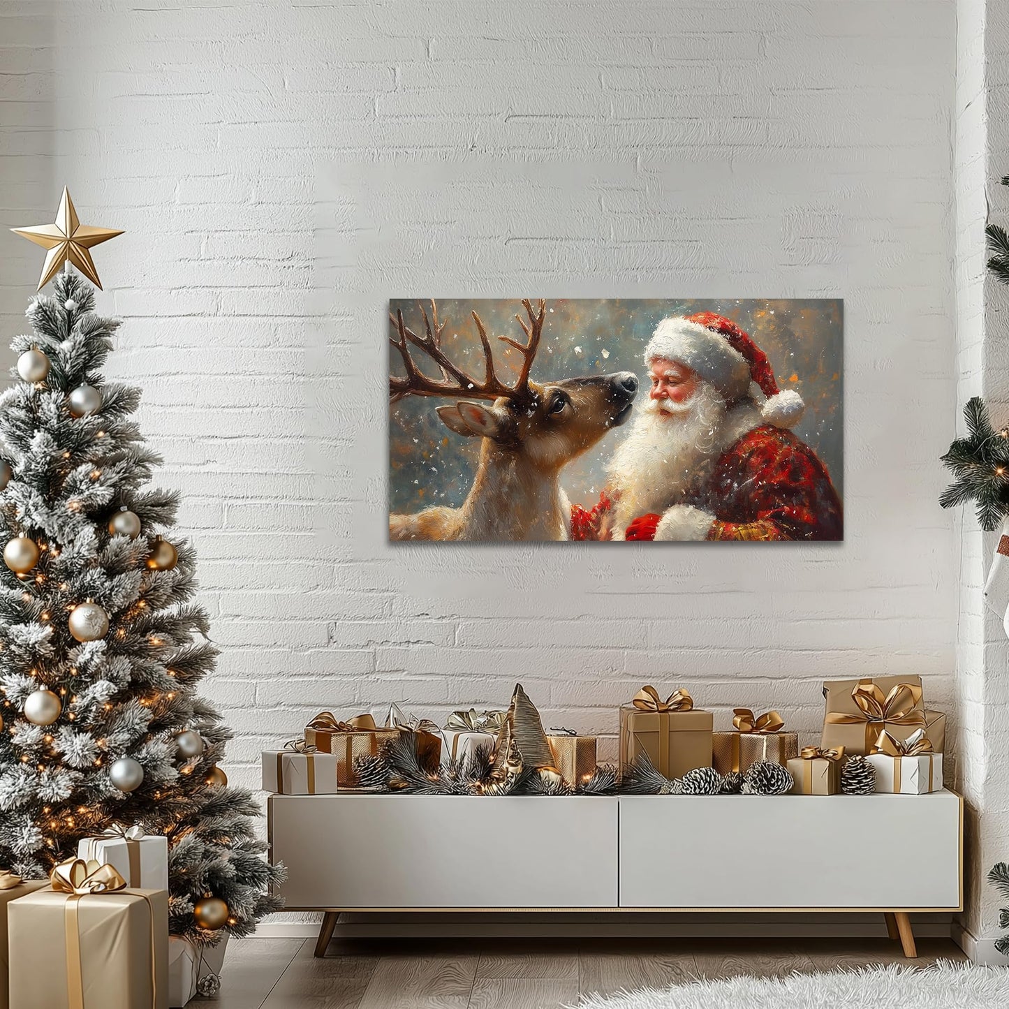 GUTTATY Christmas Canvas Wall Art, Santa and Reindeer Winter Scene, Holiday Canvas Wall Decor, Festive Snowy Wall Paintings, Christmas Poster Print for Living Room, Office, Indoor Party, 32x16 Inch