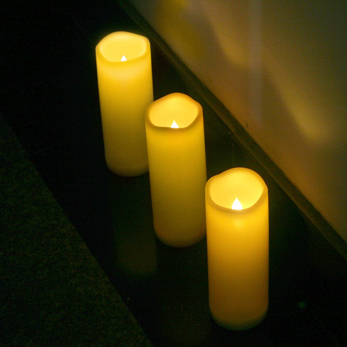 Large Outdoor Waterproof White Flameless Candles with Timer Big Battery Operated Plastic LED Pillar Candles for Garden Patio Home Wedding Party Decorations Flickering Electric Lights 3”x8” 3 Pack