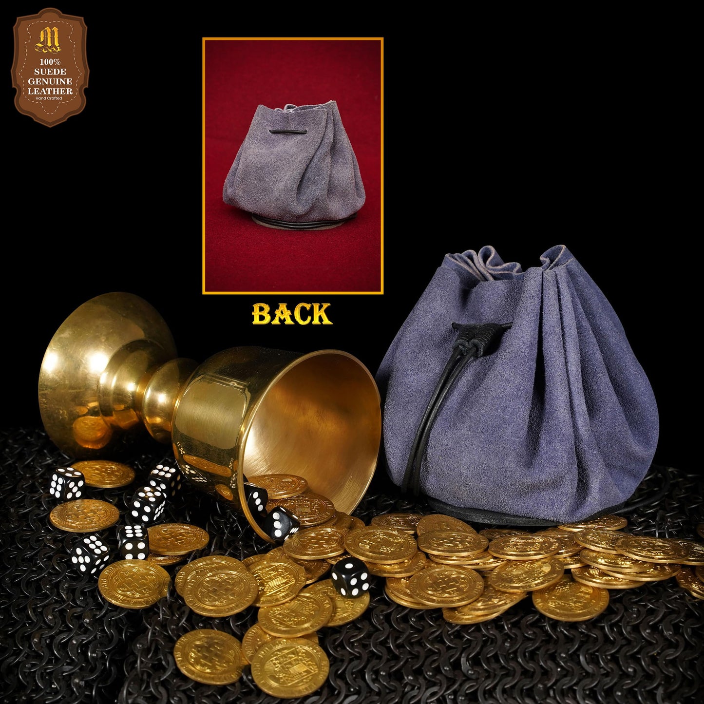 Mythrojan medieval leather pouch suede drawstring belt bag for larp, viking, renaissance cosplay, coin & jewelry waist purse blue, 4.9"x3.5"