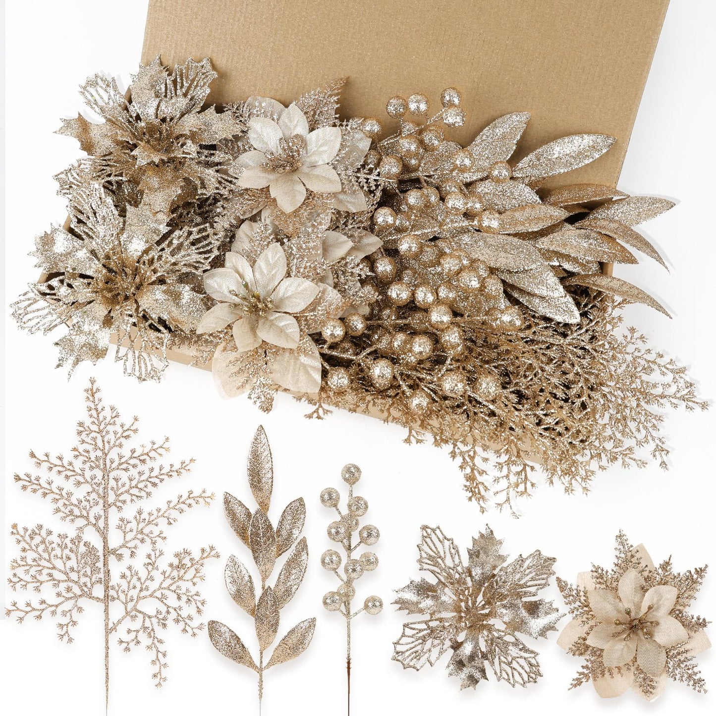N&T NIETING 30Pcs Champagne Christmas Poinsettia Artificial Flowers & Glitter Berries Leaf Stems Kit Christmas Floral Picks Christmas Tree Garland Wreath Filler Ornaments for Home Party Xmas Decor