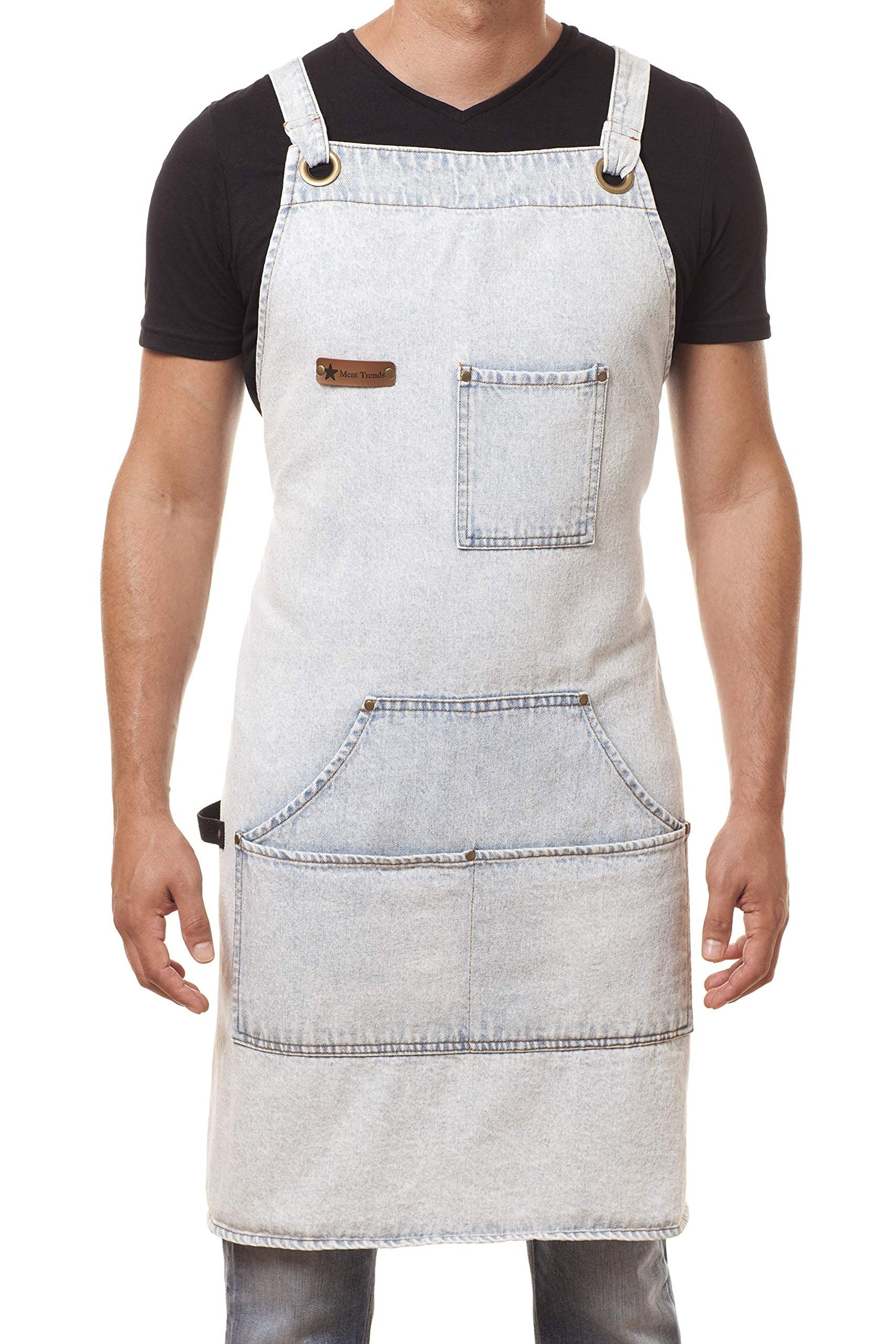 ARAWAK BRAVE Distressed Denim Apron Chef Kitchen BBQ Grill Light Blue Towel Loop + Quick Release Buckle + Tool Pockets Adjustable M to XXL